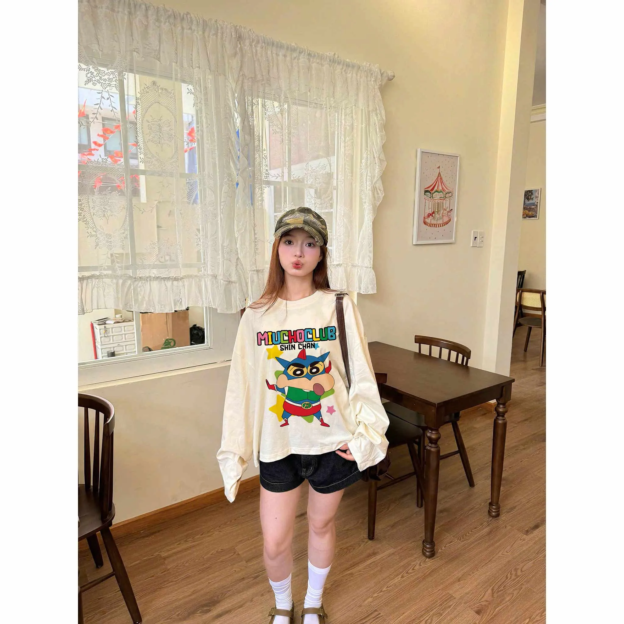 Áo thun boxy tay dài SHIN CHAN 2641 Miucho vải cotton co giãn 2 chiều thoáng mát thấm hút tốt_thumbnail_6