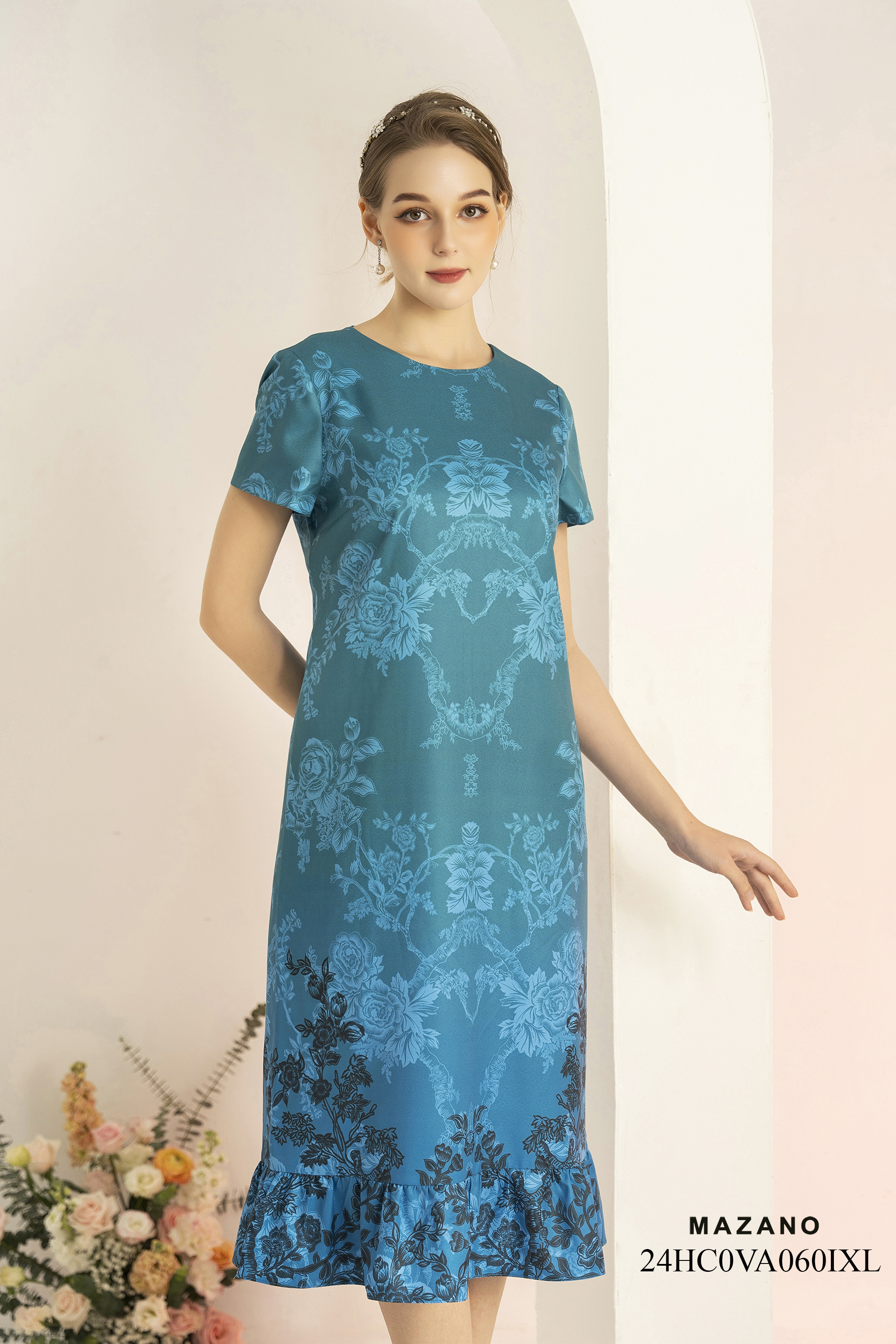 Váy Đầm Suông Vải thô mỏng Hoạ tiết hoa cách điệu in ombre Cổ tròn Tay ngắn Dài ngang bắp chân_thumbnail_2