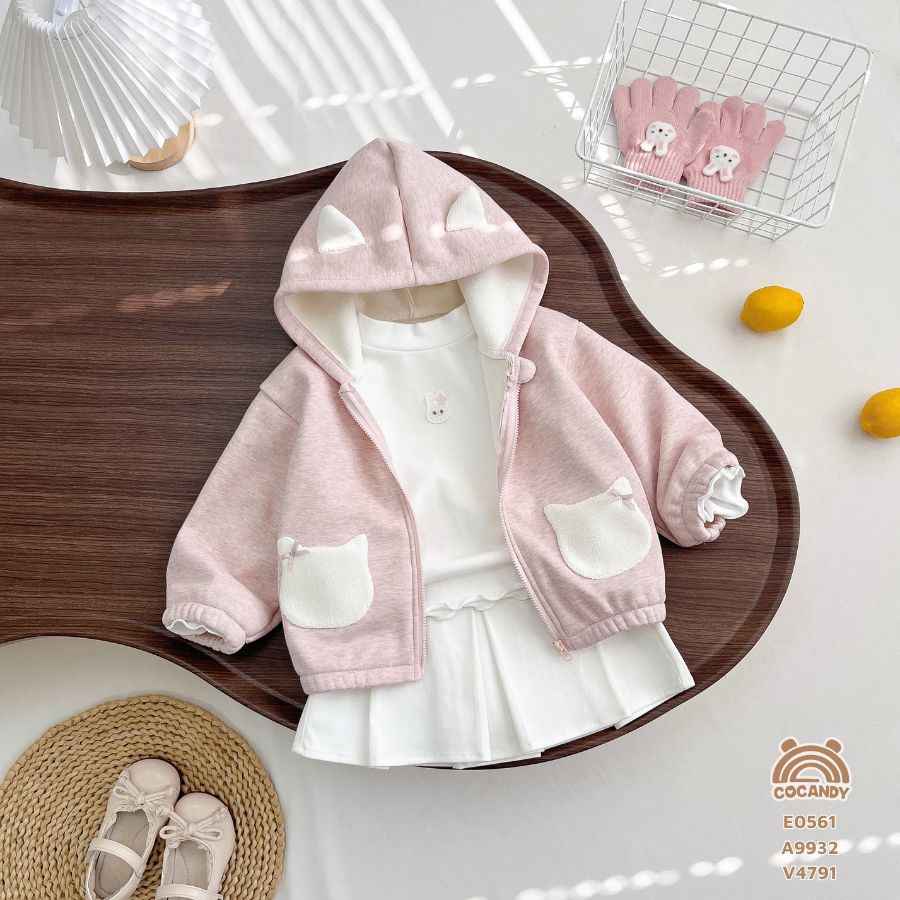 ÁO khoác dài tay nỉ Hồng túi ốp mèo