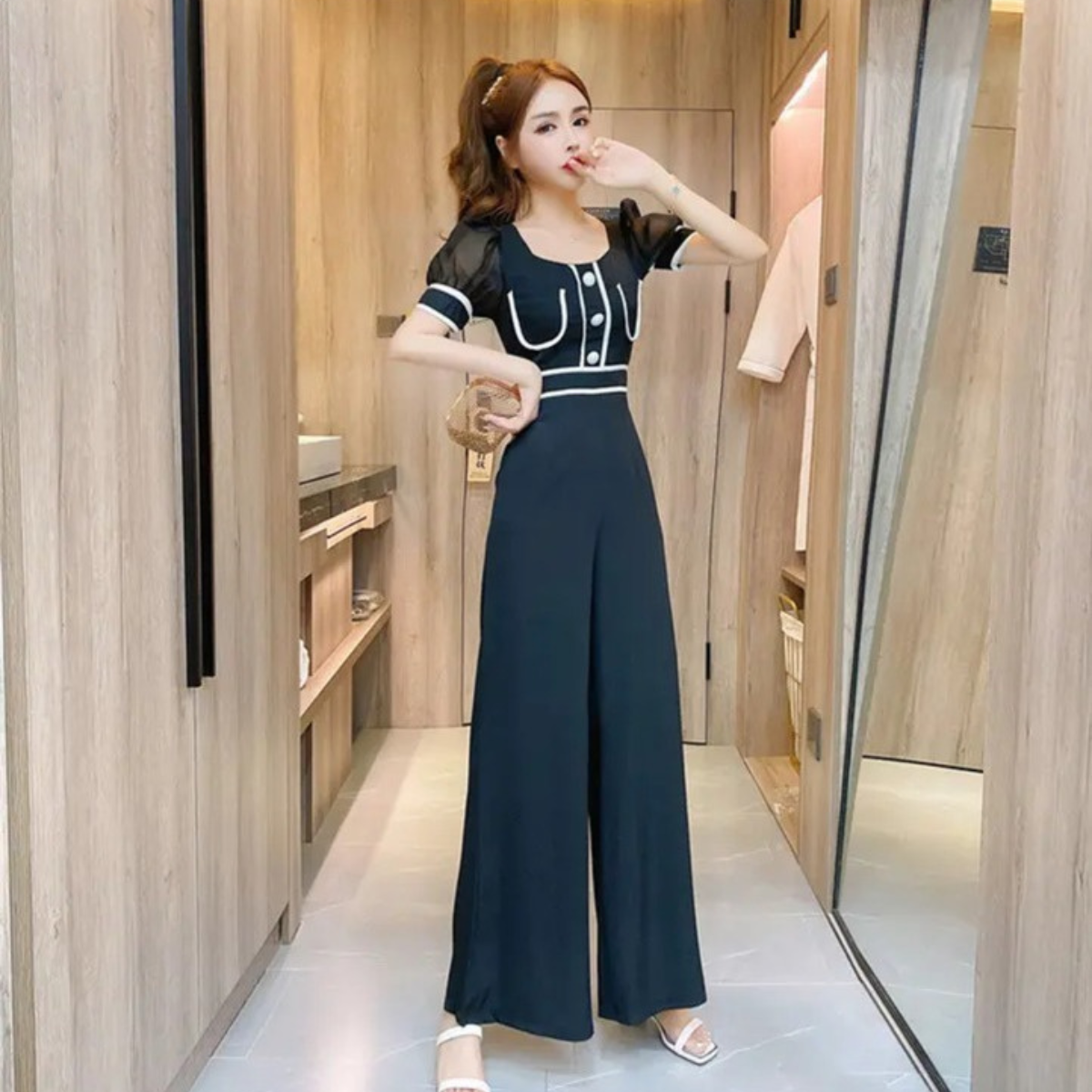 Jumpsuit dài cổ U tay bồng phối viền Phong Cách_thumbnail_2