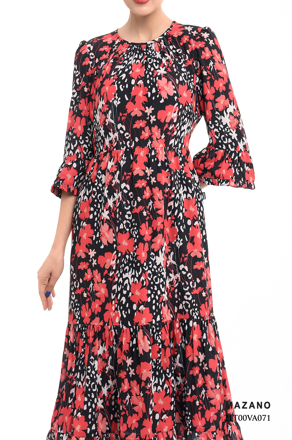 Đầm Chiffon Đỏ Họa Tiết Hoa Cách Điệu Phối Tay Bèo_thumbnail_4