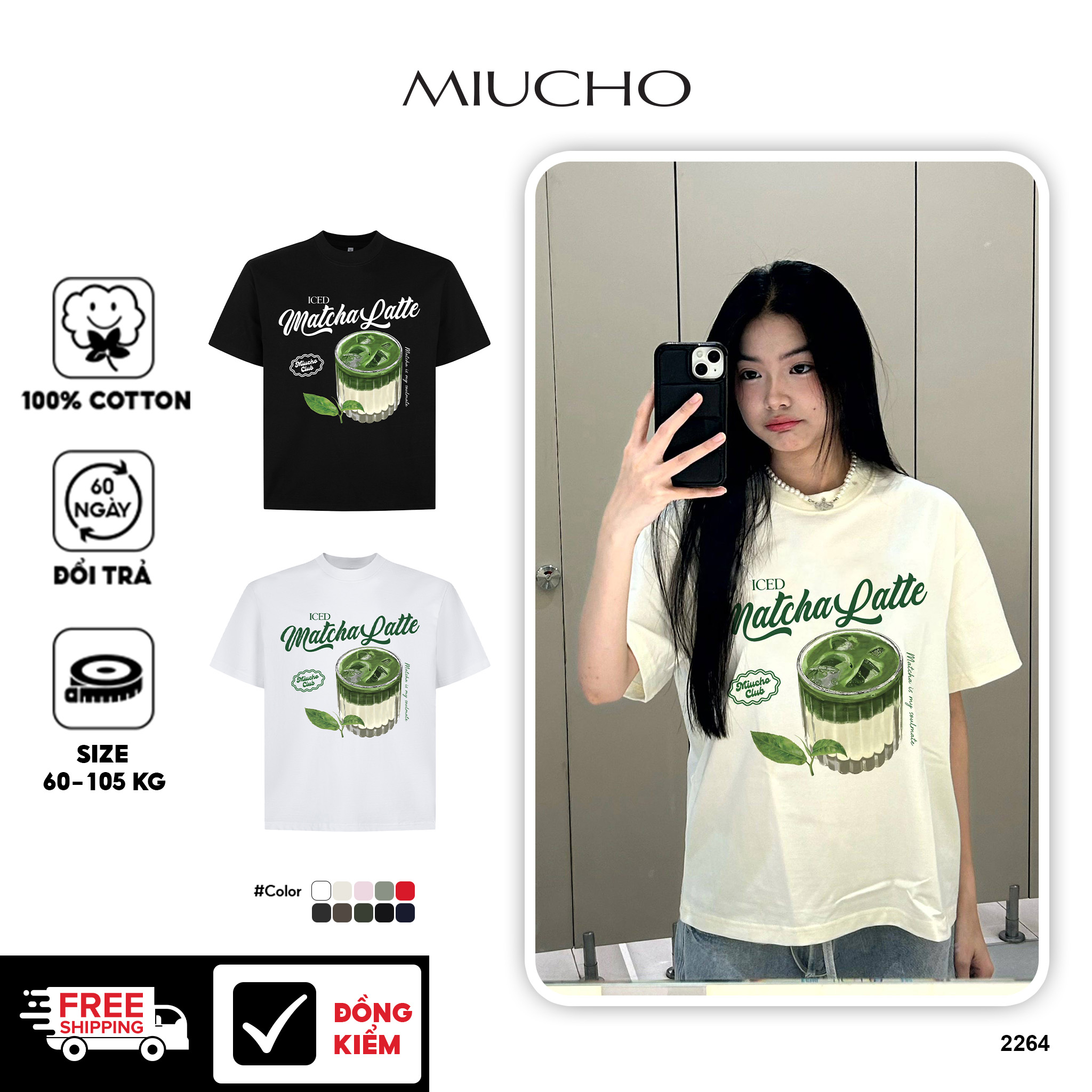 Áo thun boxy matcha latte 2264 Miucho cổ tròn vải cotton 2 chiều cổ tròn dày dặn đứng form in mix