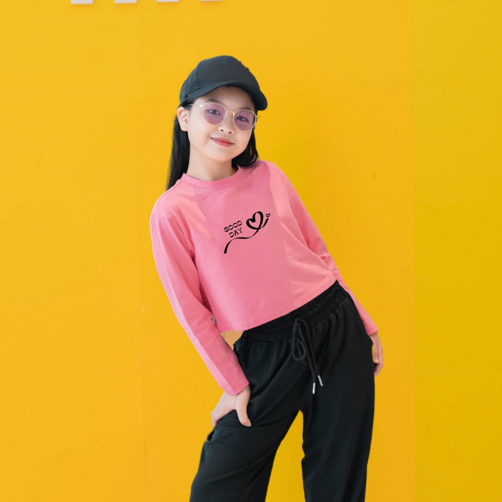 Áo croptop tay dài cho bé gái in chữ good day chất cotton - Áo croptop dài tay bé gái Loza Kids CG2812