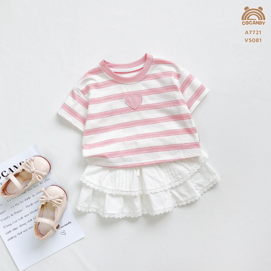 Áo cộc kẻ HỒNG TRẮNG phối trái tim HỒNG