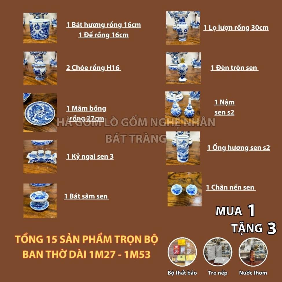 HG031 Đồ Thờ Cúng Bộ 15 món ban thờ 1M27 - 1M53 Men trắng nghệ nhân Bát Tràng chế tác TẶNG Thất Bảo, Tro Nếp_thumbnail_1