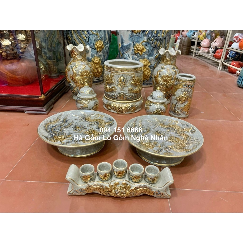 Bộ Đồ Thờ Men Rạn 1m4 -1m97 Vẽ Vàng 24K 9999 Nghệ Nhân Chế Tác Cao Cấp Bát Tràng_thumbnail_6