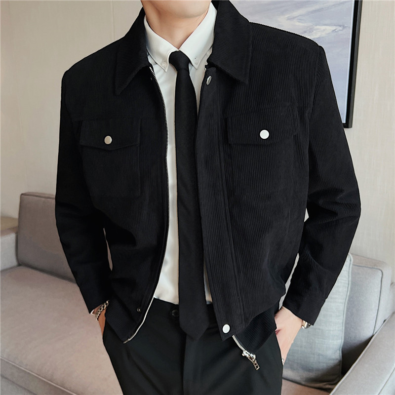 Áo jacket vải nhung nam dày thu đông áo jacket mẫu ngắn ôm dáng nhung sọc ve áo đơn giản áo khoác nam khí chất