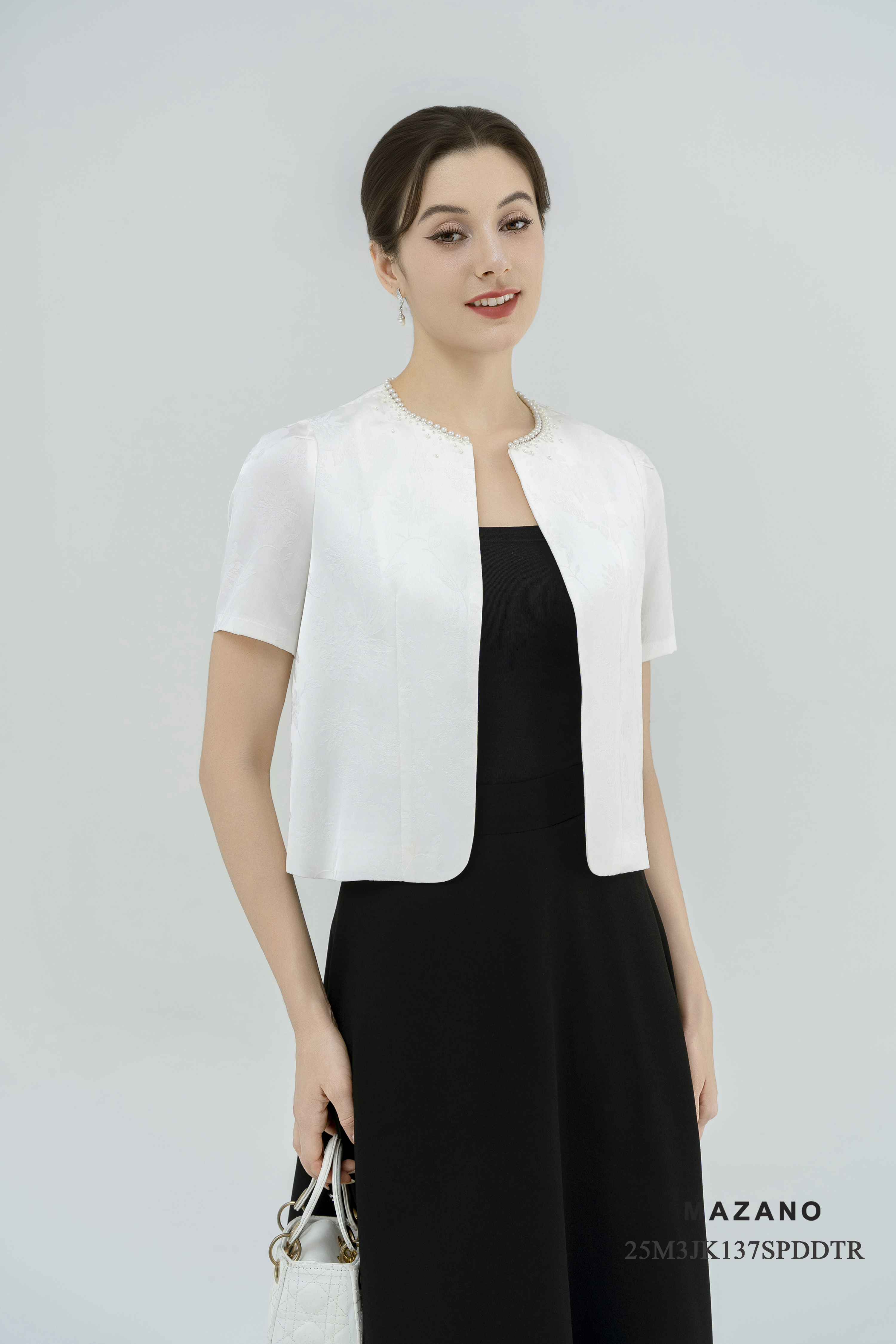 Áo khoác ngắn Suông Vải gấm vân chìm Họa tiết hoa chìm Đính ngọc trai thủ công Dài dưới eo