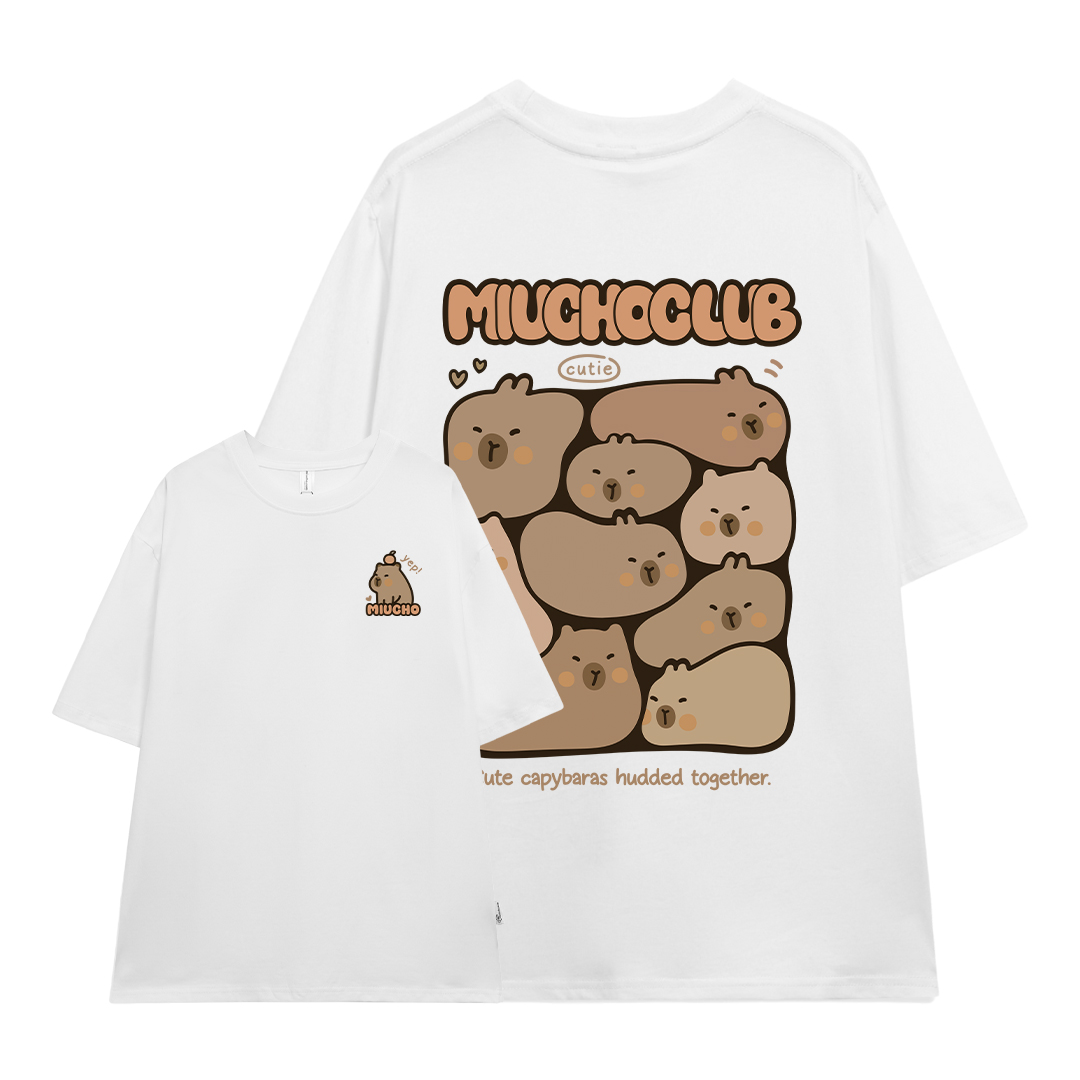Áo thun gấu Capybara dễ thương form rộng local brand ATD1225 Miucho tay ngắn vải cotton thoáng mát cổ tòn in mix