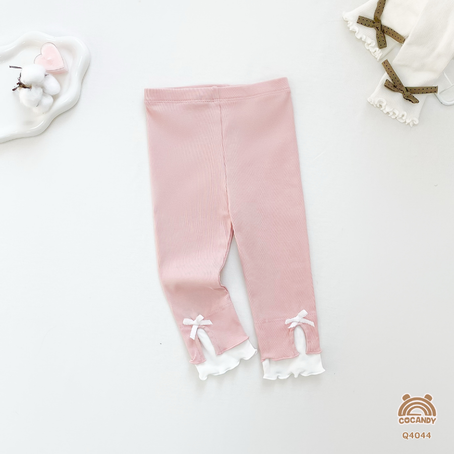 Quần dài legging HỒNG phối TRẮNG  gấu sóng nơ