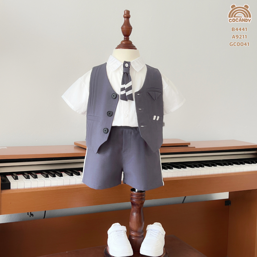 Bộ cộc GHI gile sọc trắng kèm nơ cổ_thumbnail_1