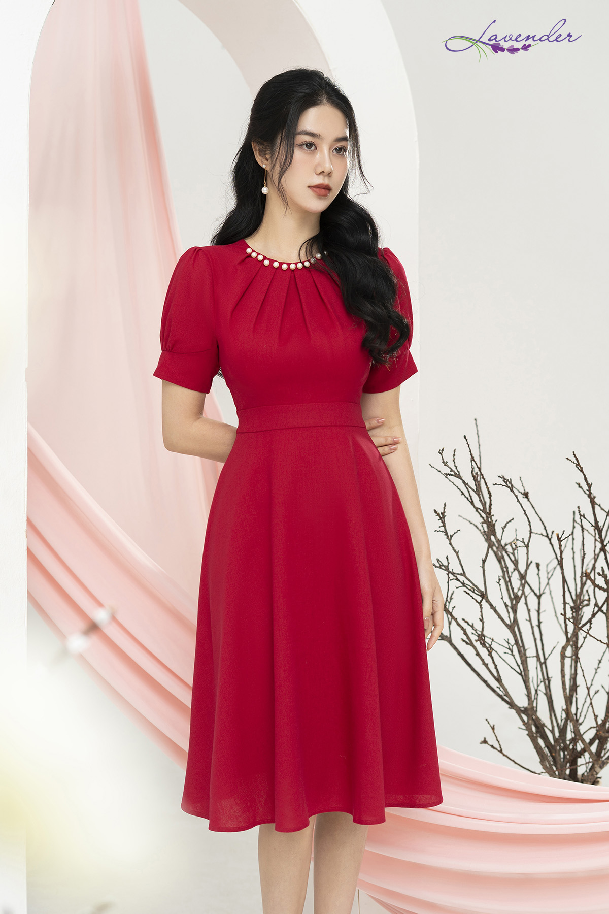 Đầm công sở dáng xòe đỏ cổ tròn đính ngọc D2999_thumbnail_2