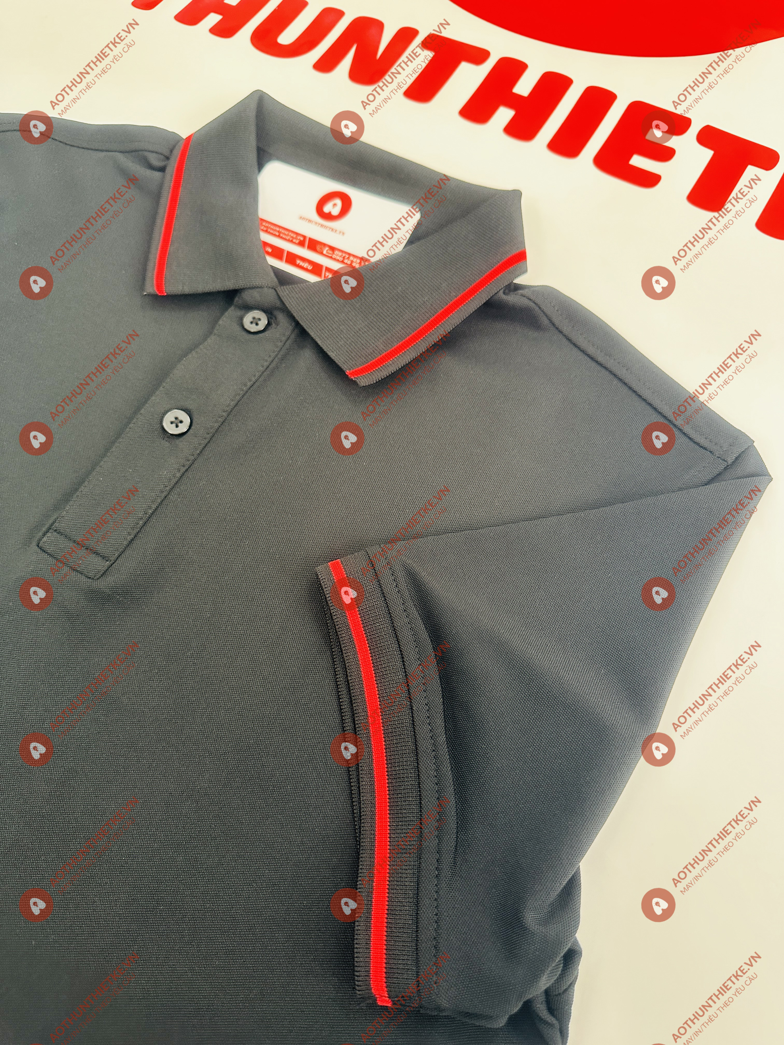 Áo Đồng Phục Polo 1 Sọc Đen Đỏ_thumbnail_2