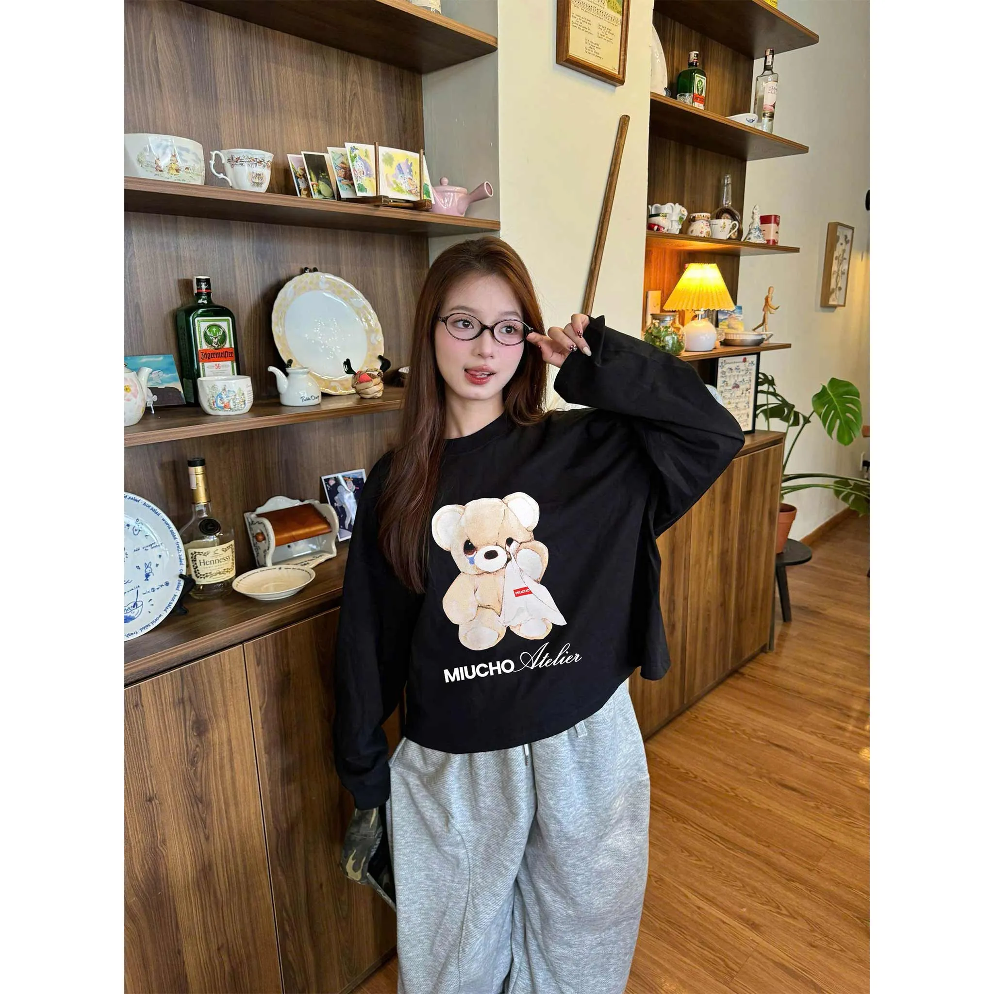 Áo thun form boxy tay dài Miucho cotton co giãn 2 chiều thoáng mát cổ tròn gấu bông in mix 2693_thumbnail_6