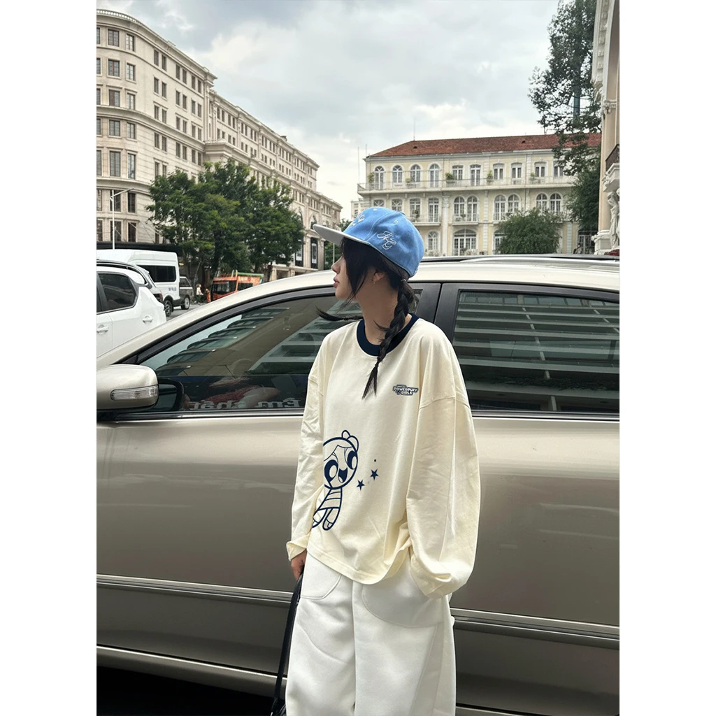 Áo thun boxy tay dài Miucho chất vải thoáng mát giữ form Powerpuff Girl phối cổ mix màu xanh đen 2815_thumbnail_6