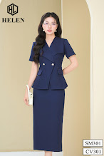 SET sơ mi cổ bẻ ve cách điệu + chân váy dáng dài màu xanh SET301