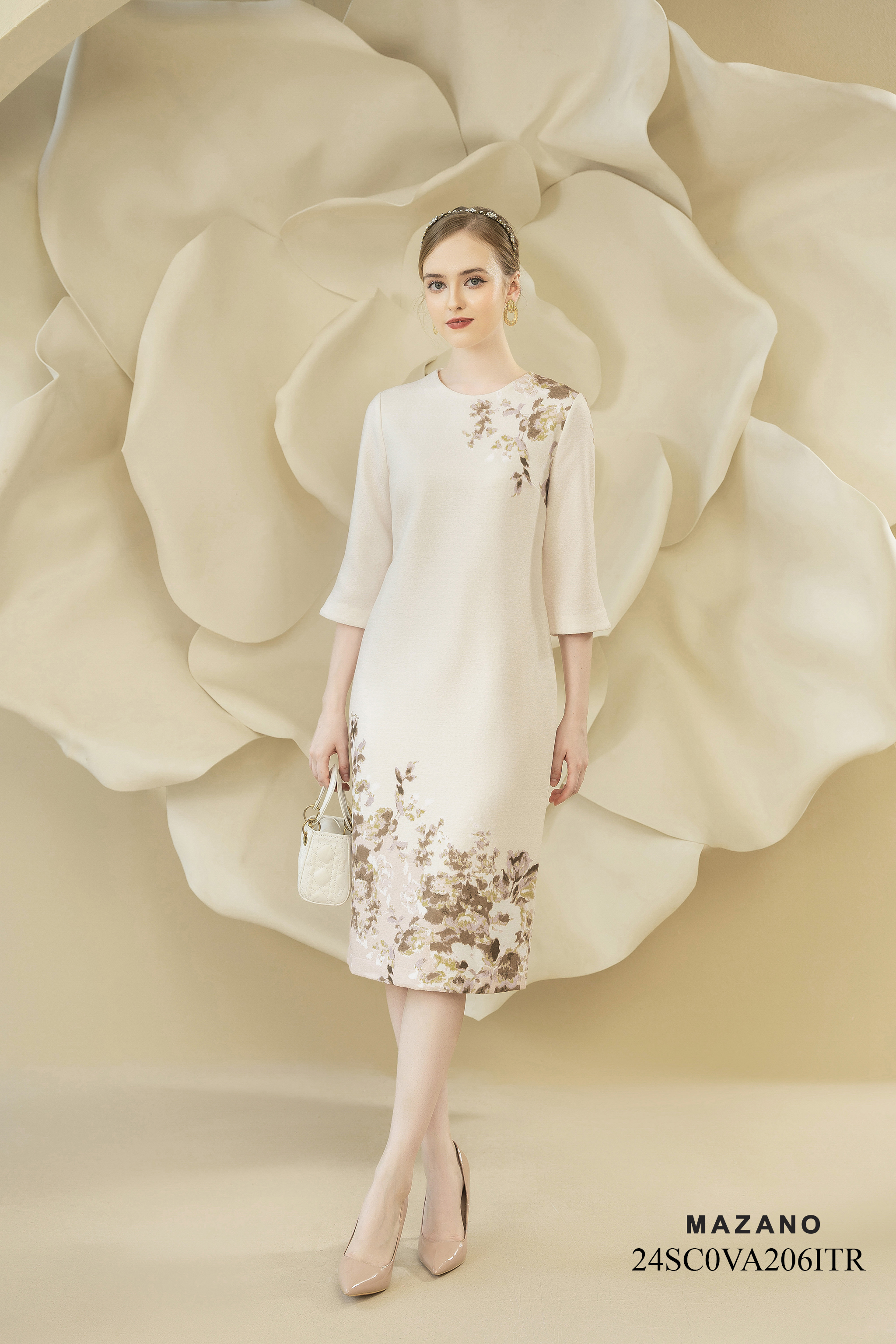 Váy Đầm Suông Vải dạ tweed Hoạ tiết hoa cách điệu Cổ tròn Tay lỡ Dài qua gối