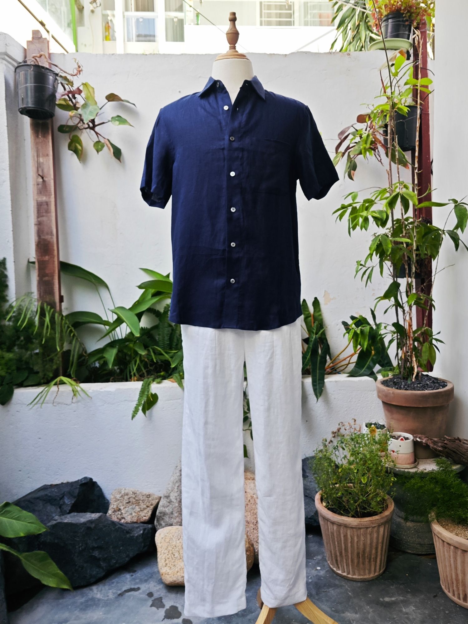 Sơ mi 100% linen tay ngắn cổ kiểu Đức
