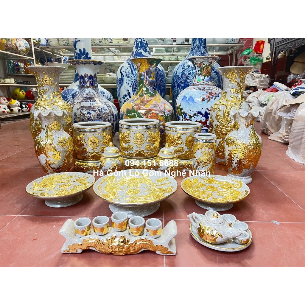 Bộ Đồ Thờ Men Rạn 1m4 -1m97 Vẽ Vàng 24K 9999 Nghệ Nhân Chế Tác Cao Cấp Bát Tràng_thumbnail_8