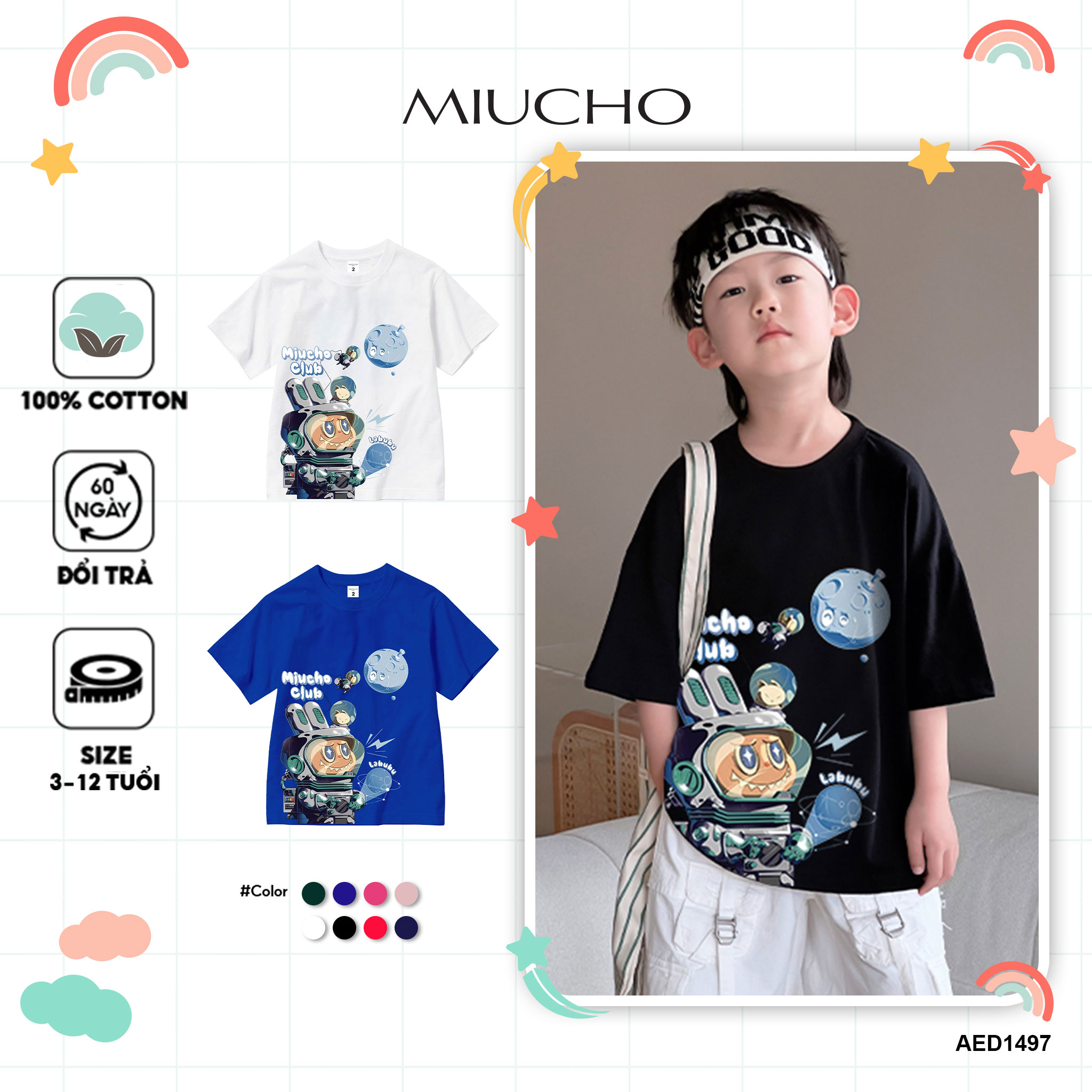 Áo thun bé trai labubu form rộng AED1497 Miucho Kid vải cotton thoáng mát cổ tròn in artwork
