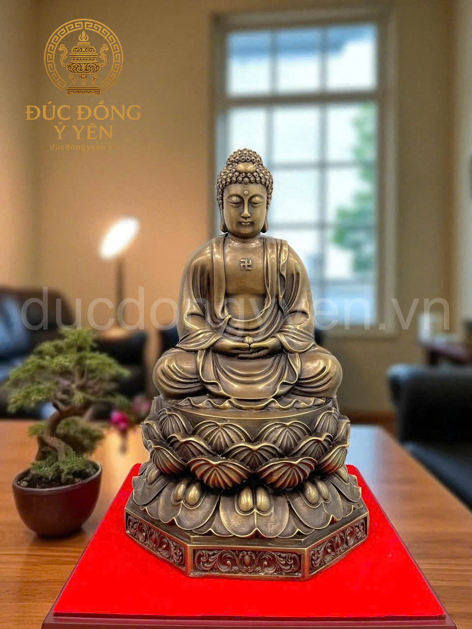 Tượng phật A Di Đà ngồi đài sen đúc đồng vàng làm màu giả cổ 