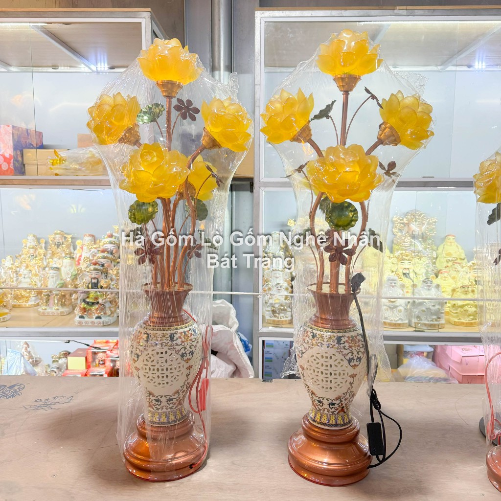 Đôi Đèn Hoa Sen Lưu Ly Chân Đế Hợp Kim 5 Bông Hoa Sen Nở - Nhiều Mẫu Sang Xịn - Hàng Nhập Khẩu