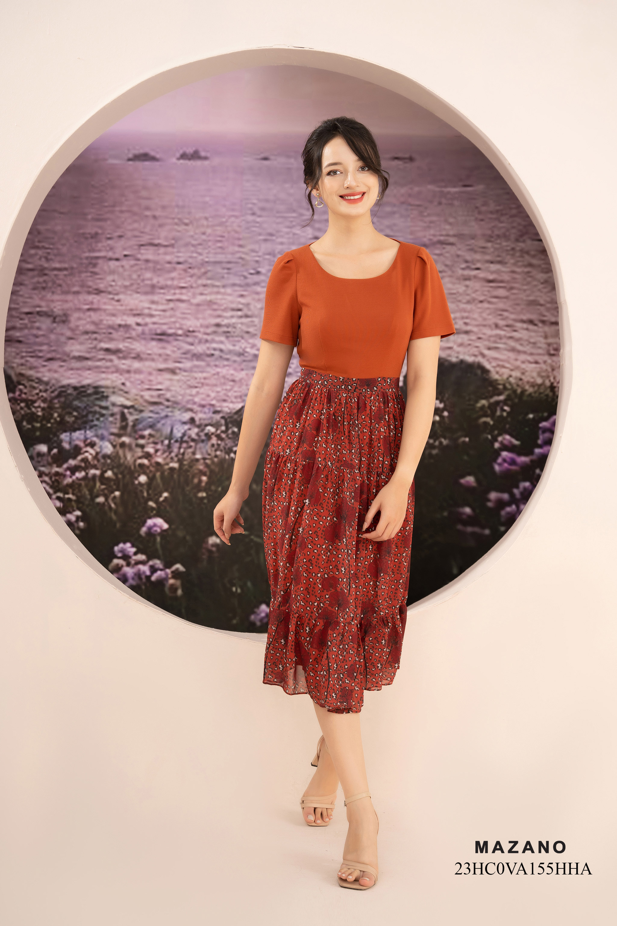 Váy Đầm Ôm Vải thun phối voan Hoạ tiết hoa in Cổ tròn Tay ngắn Dài ngang bắp chân 23HC0VA155HHA