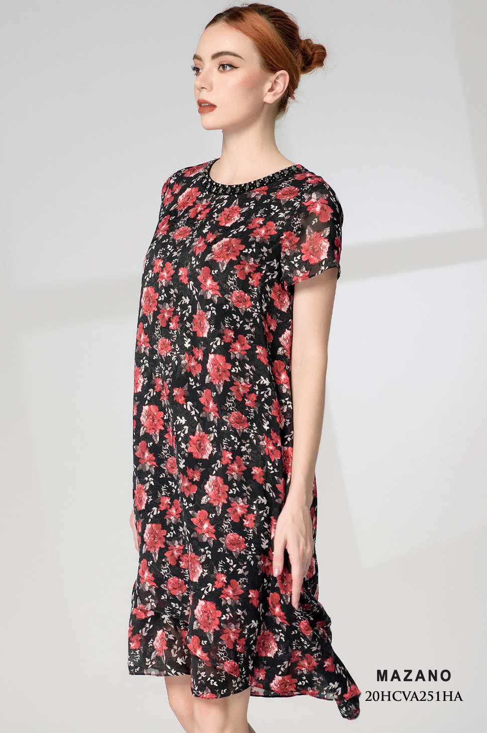 Đầm suông A chân mullet lệch hoạt tiết hoa đỏ_thumbnail_2