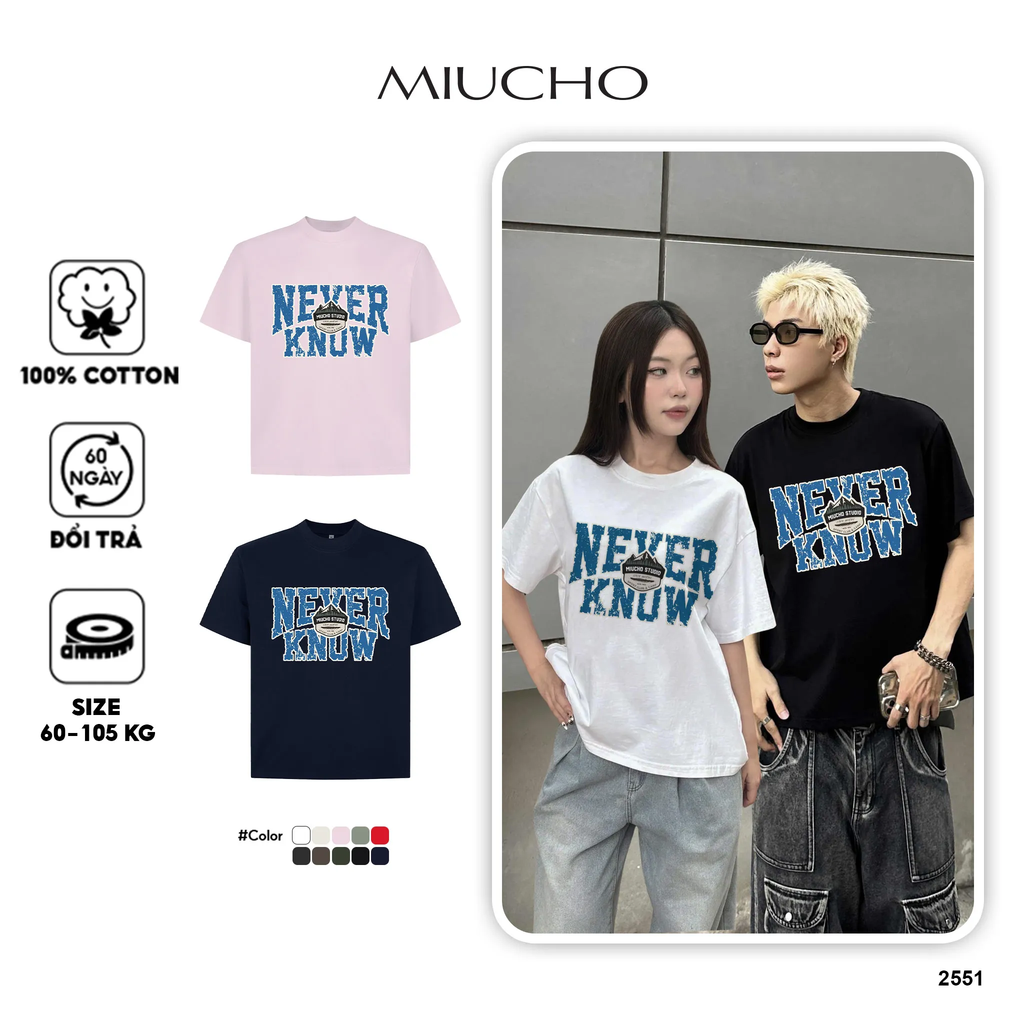 Áo thun boxy cặp đôi street style 2551 Miucho vải cotton thoáng mát tay ngắn cổ tròn in mix