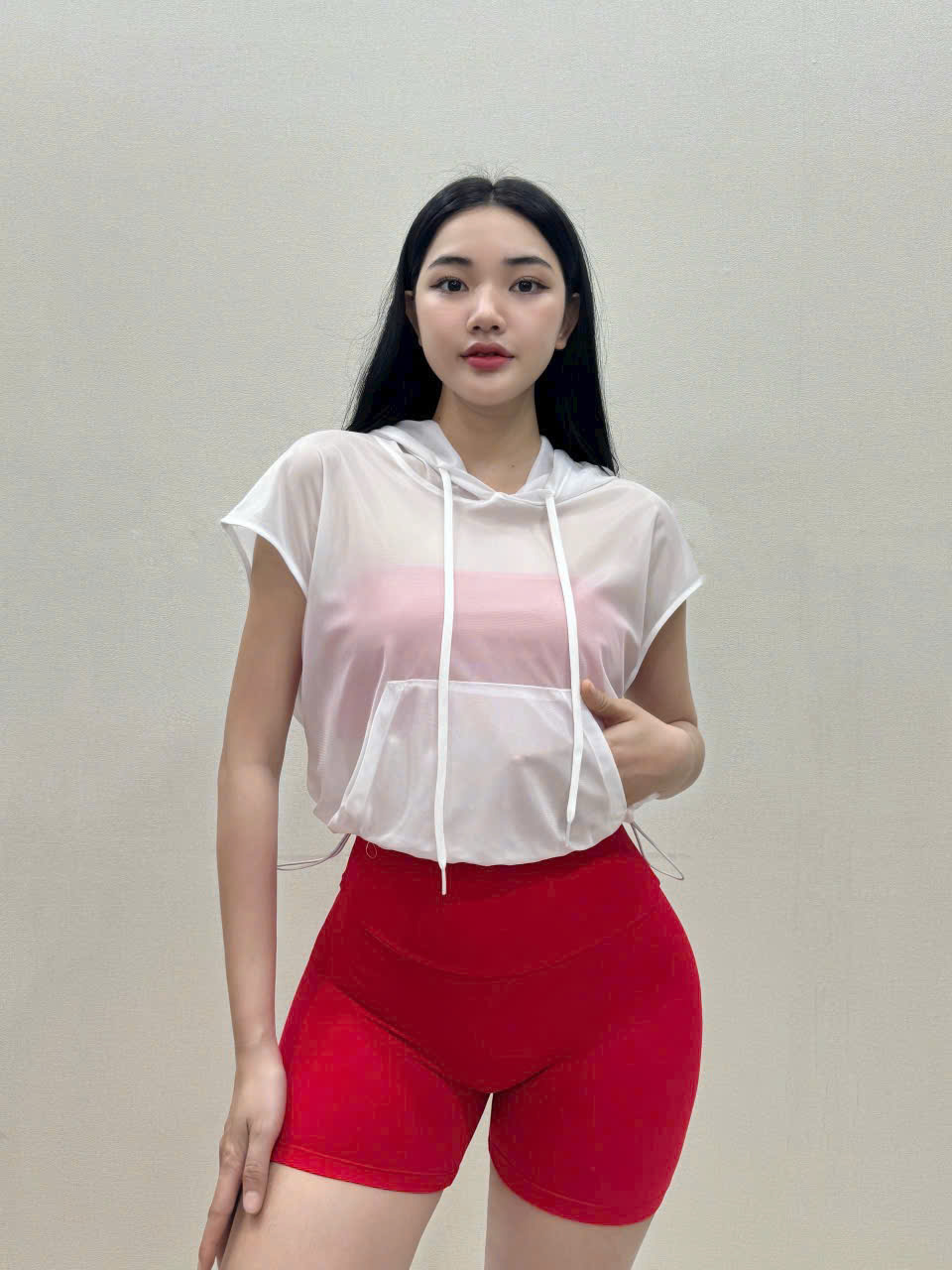 Áo Tank Thể Thao Dáng Croptop Có Nón Tay Ngắn Lưới Mè_thumbnail_6