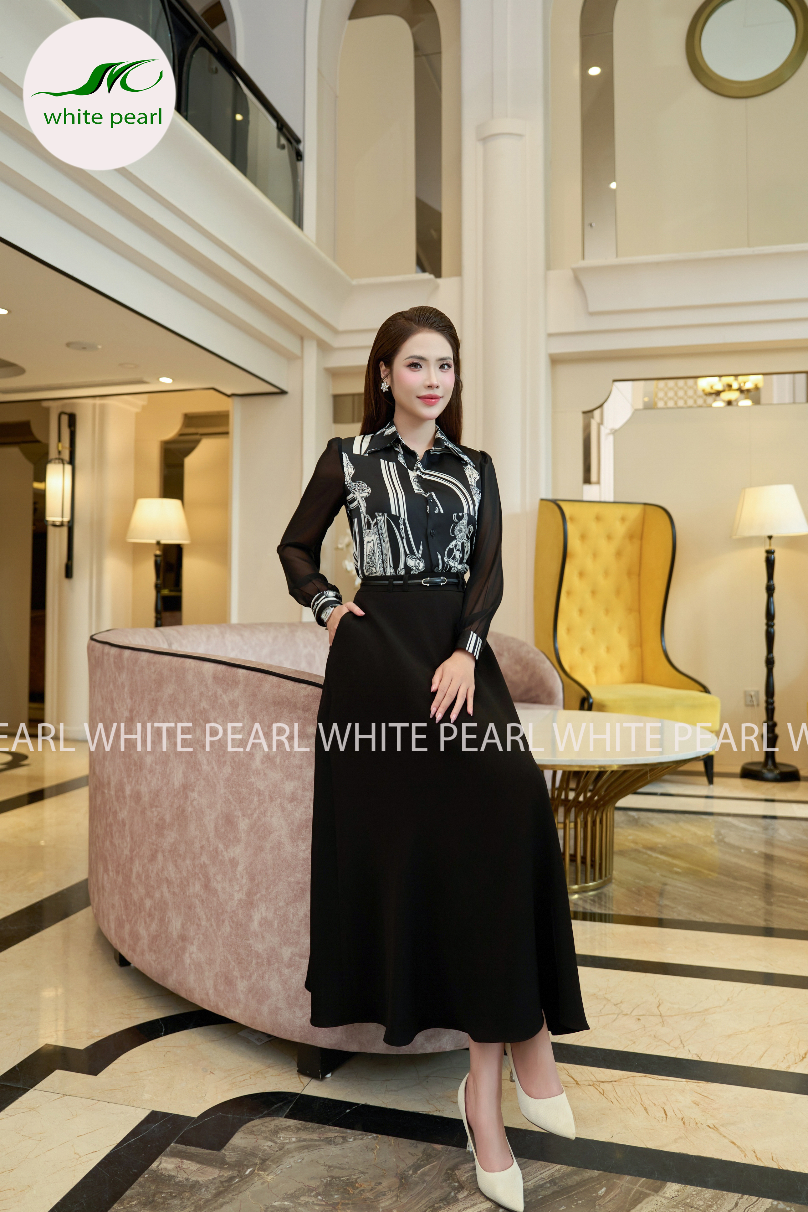 Mẫu áo sơ mi A26-26 kết hợp chân váy CVTT26-09 Chân váy xoè thời trang công sở cao cấp White Pearl_thumbnail_2