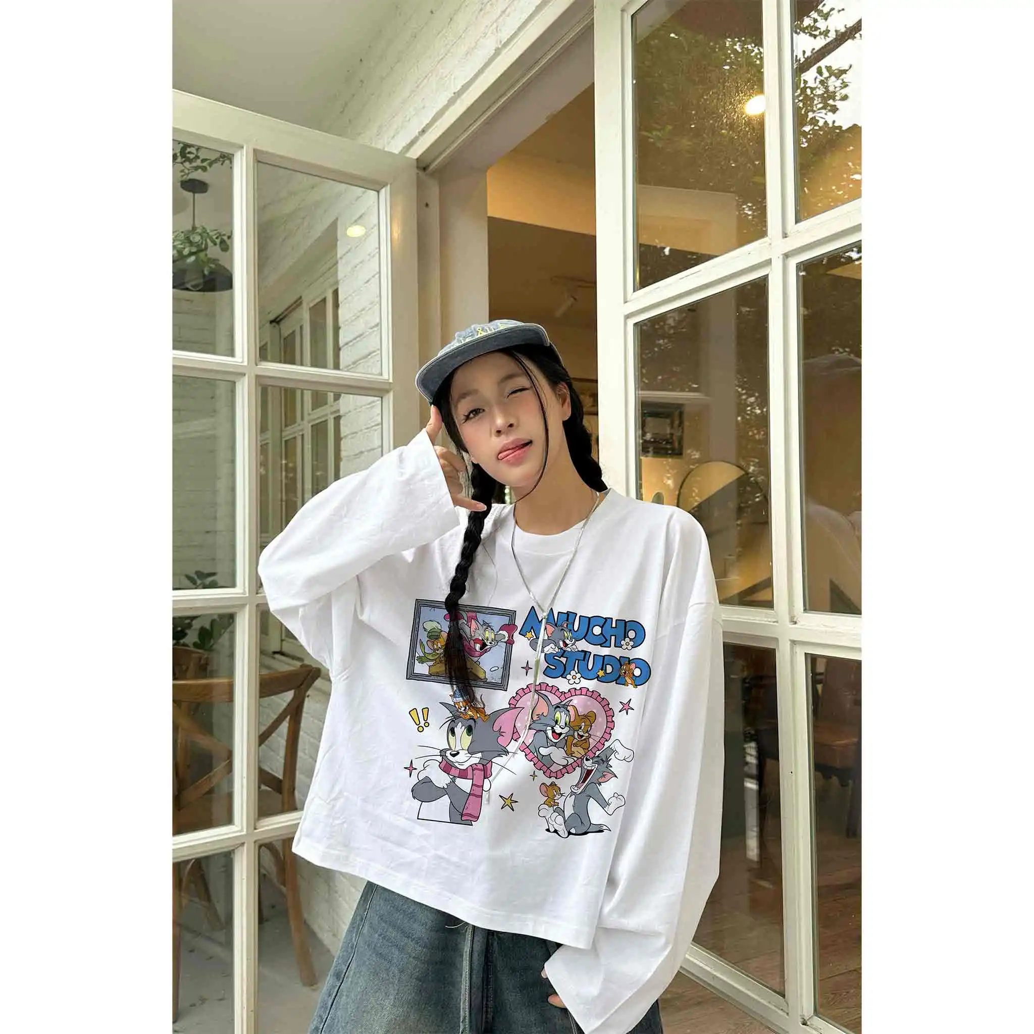 Áo thun boxy tay dài Miucho cotton thoáng mát dày dặn đứng form cổ tròn Tom & Jerry in mix 2773_thumbnail_4