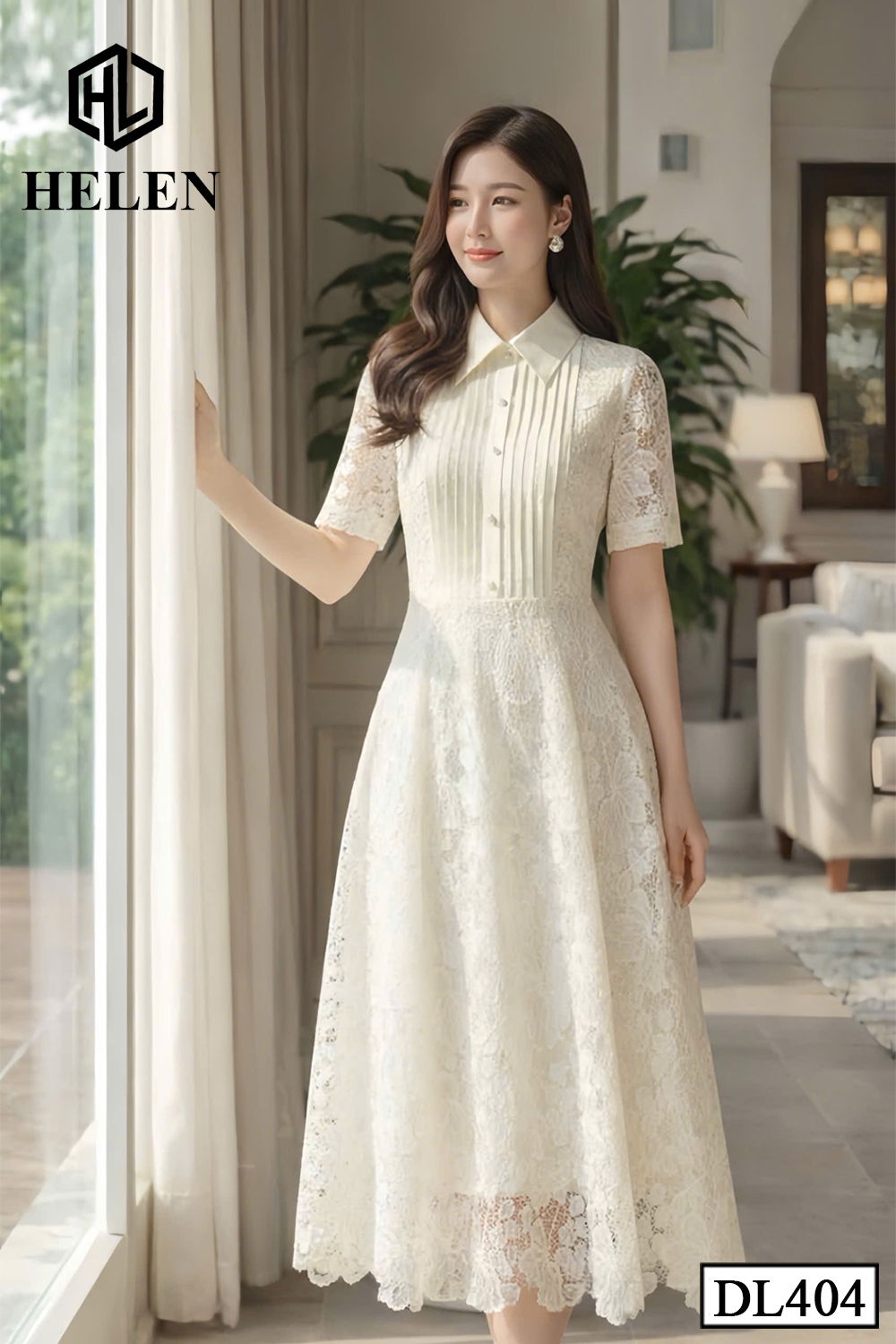 [Pre -order] Đầm xòe Ren Be cổ đức xếp ngực DL404