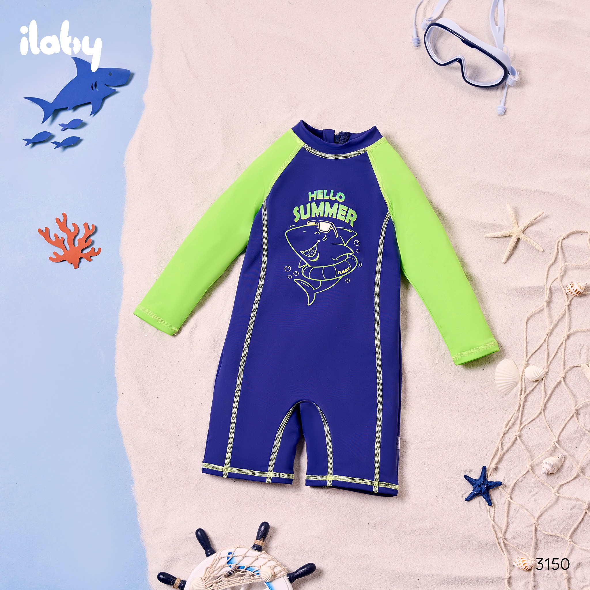 Swimsuit dài tay in cá mập neon