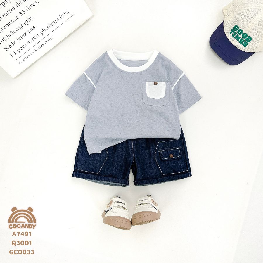 Áo cộc GHI NHẠT phối túi ngực TRẮNG nhỏ