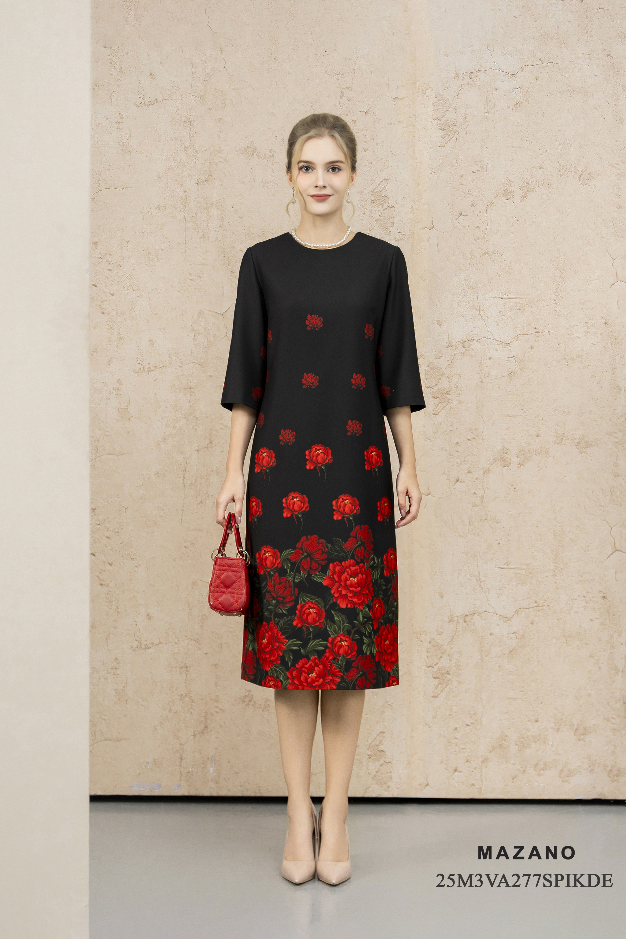 Váy Đầm Suông Vải thô dày Hoạ tiết hoa hồng  Cổ tròn Tay lỡ Dài đến bắp chân