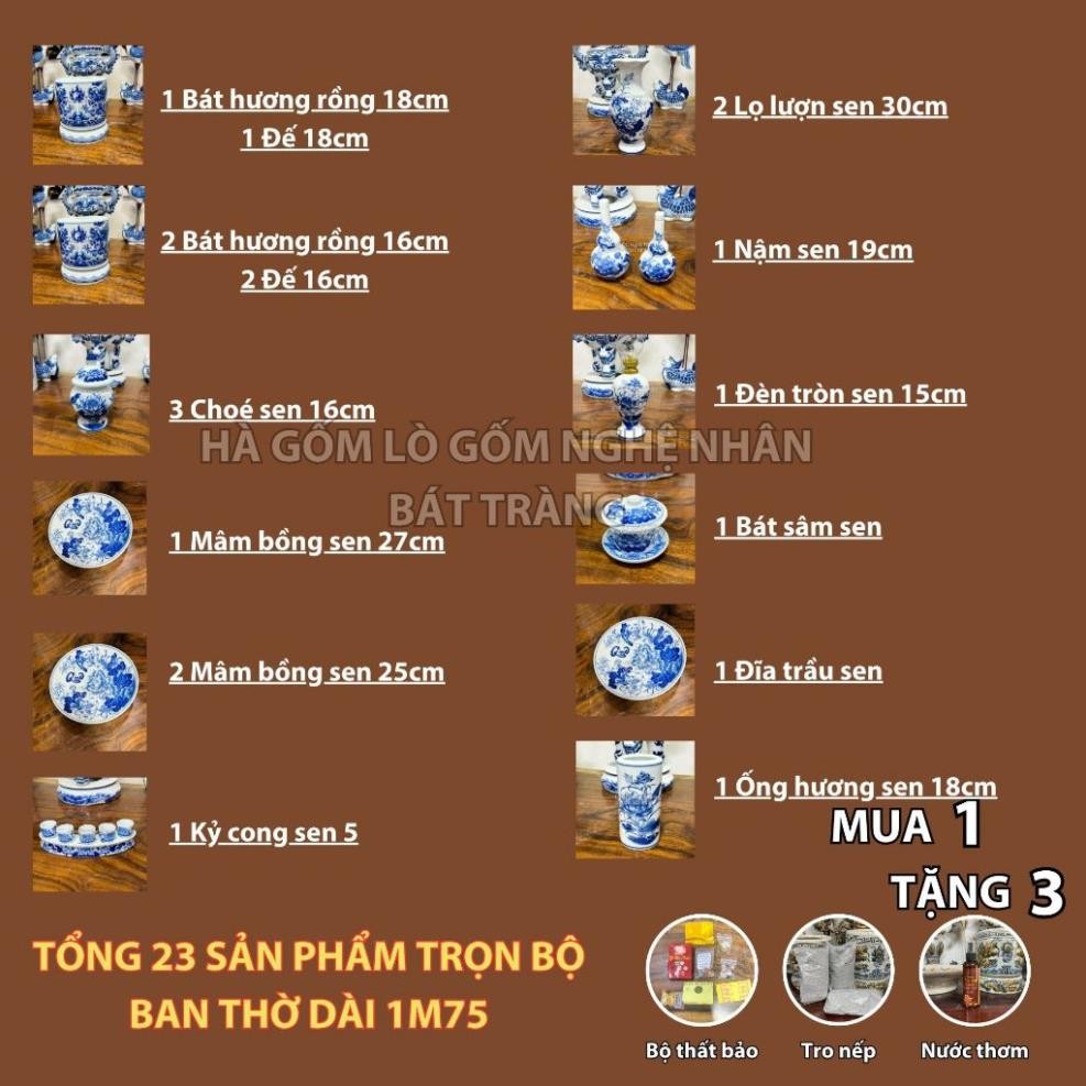 HG266 Đồ Thờ Cúng Bộ 23 món ban thờ 1M75 men trắng nghệ nhân Bát Tràng chế tác TẶNG Thất Bảo, Tro Nếp_thumbnail_1