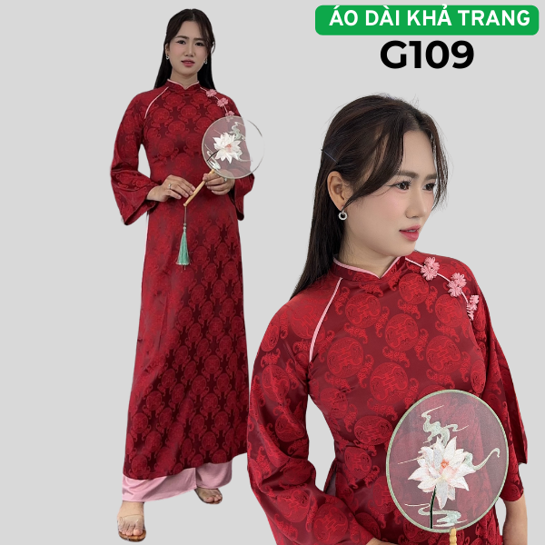 G109 Áo Dài Dấm Dáng Suông cổ Cao 2cm Tay Loe màu Đỏ Đô Gấm Thợ Rơi
