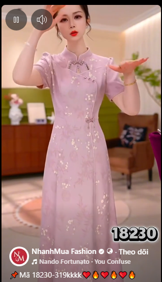 18230-Đầm lụa  chữ A màu hồng  cổ kêt nút tàu ( lụa, lót)