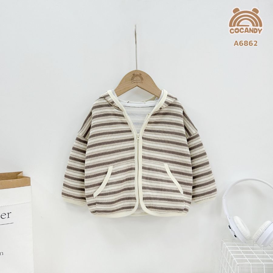 Áo dài cadirgan kẻ NÂU BE 2 túi chéo