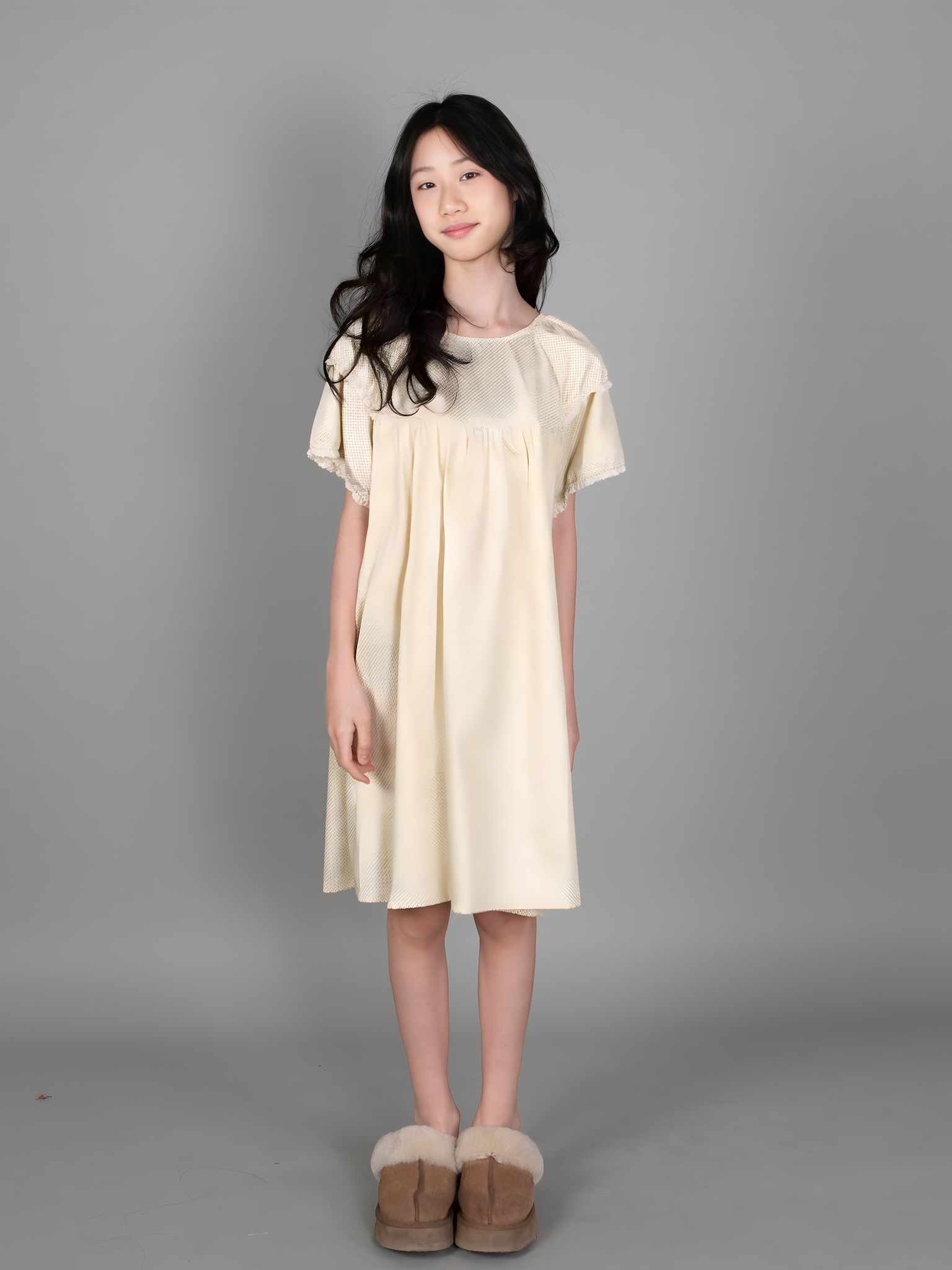 Váy họa tiết hoa vàng chấm xanh tay viền zen