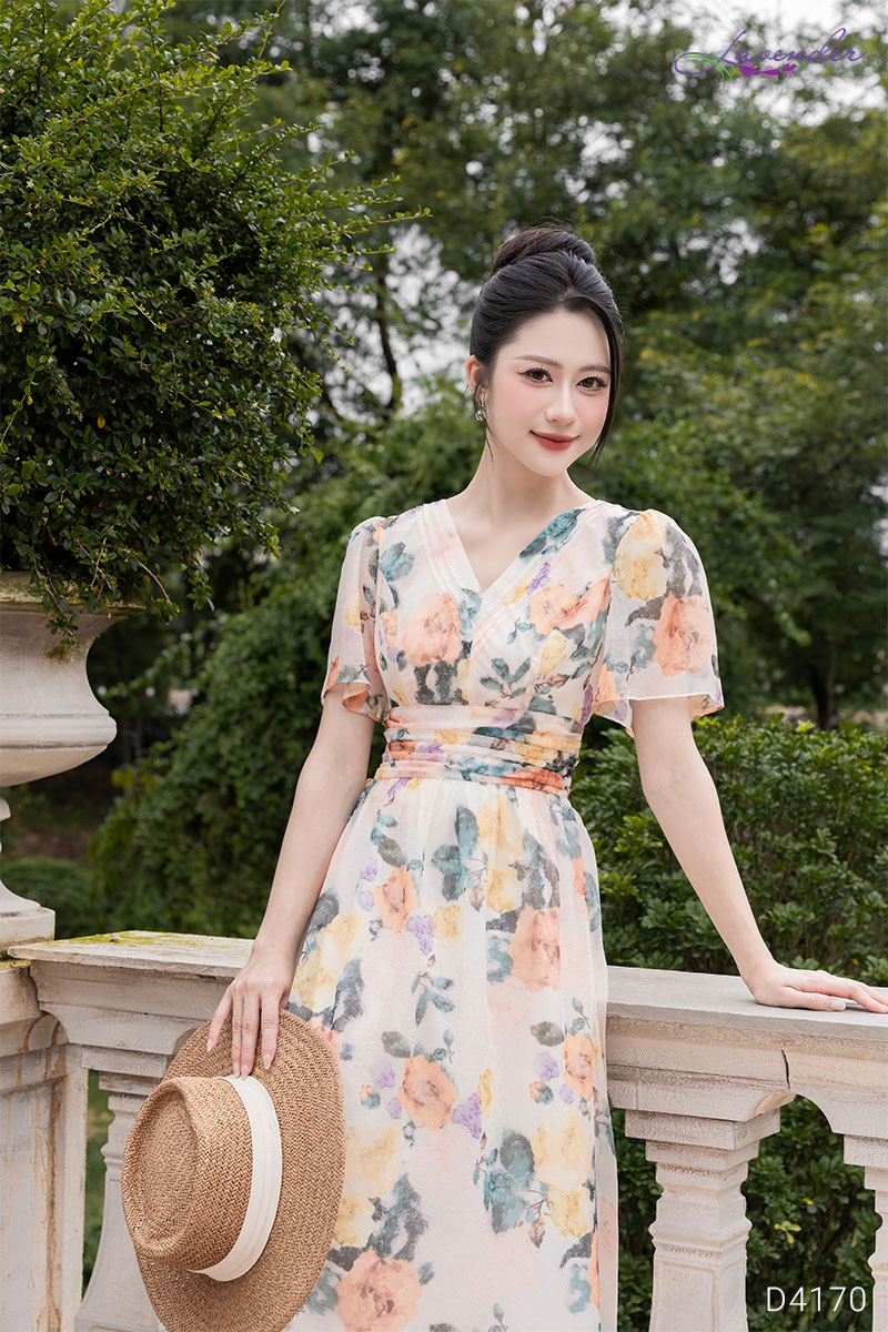 Đầm tơ hoa cam cổ V tay ngắn D4170_thumbnail_2