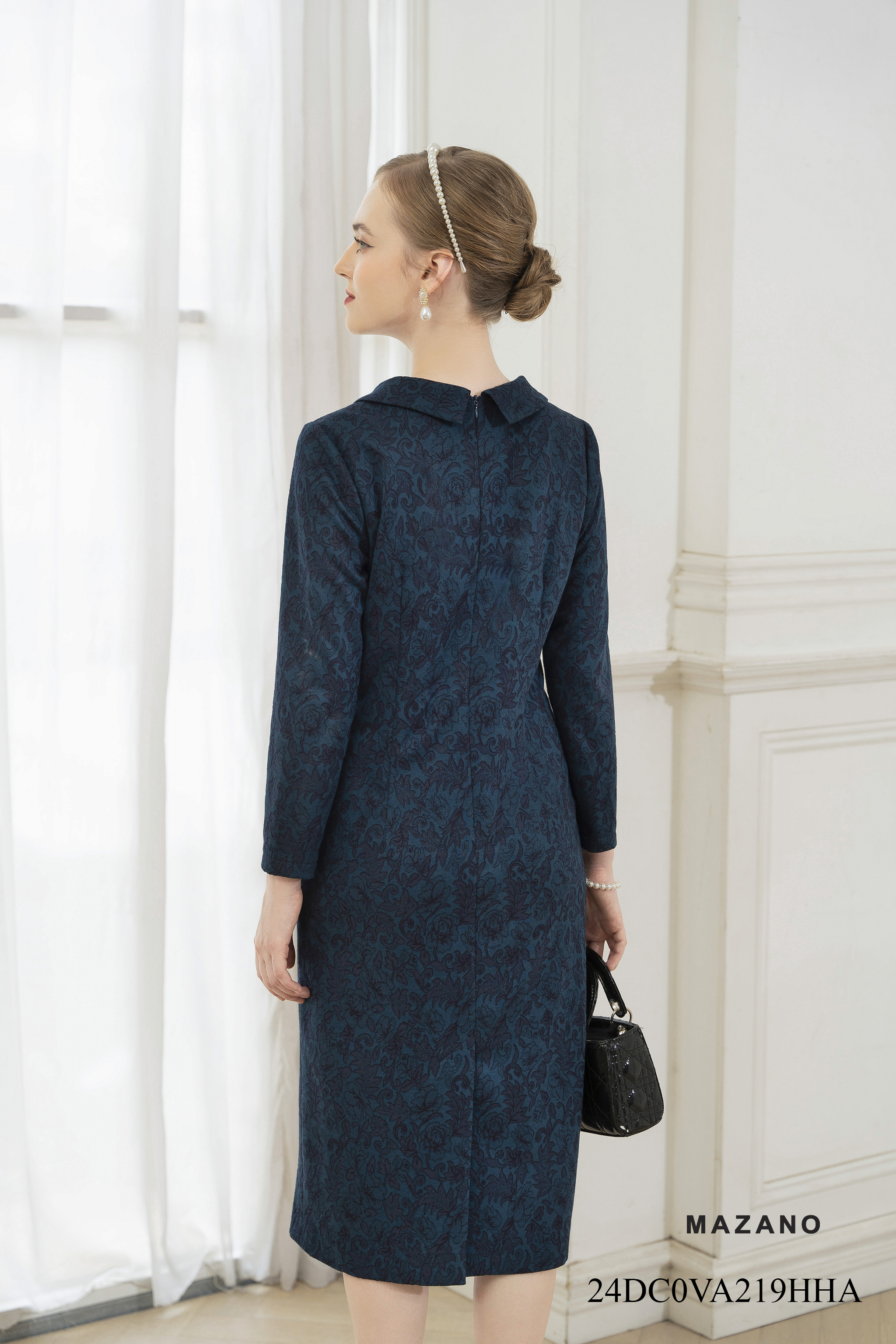 Váy Đầm Suông Vải dạ len Cổ sen cách điệu Tay dài Dài ngang bắp chân  219HHA_thumbnail_5