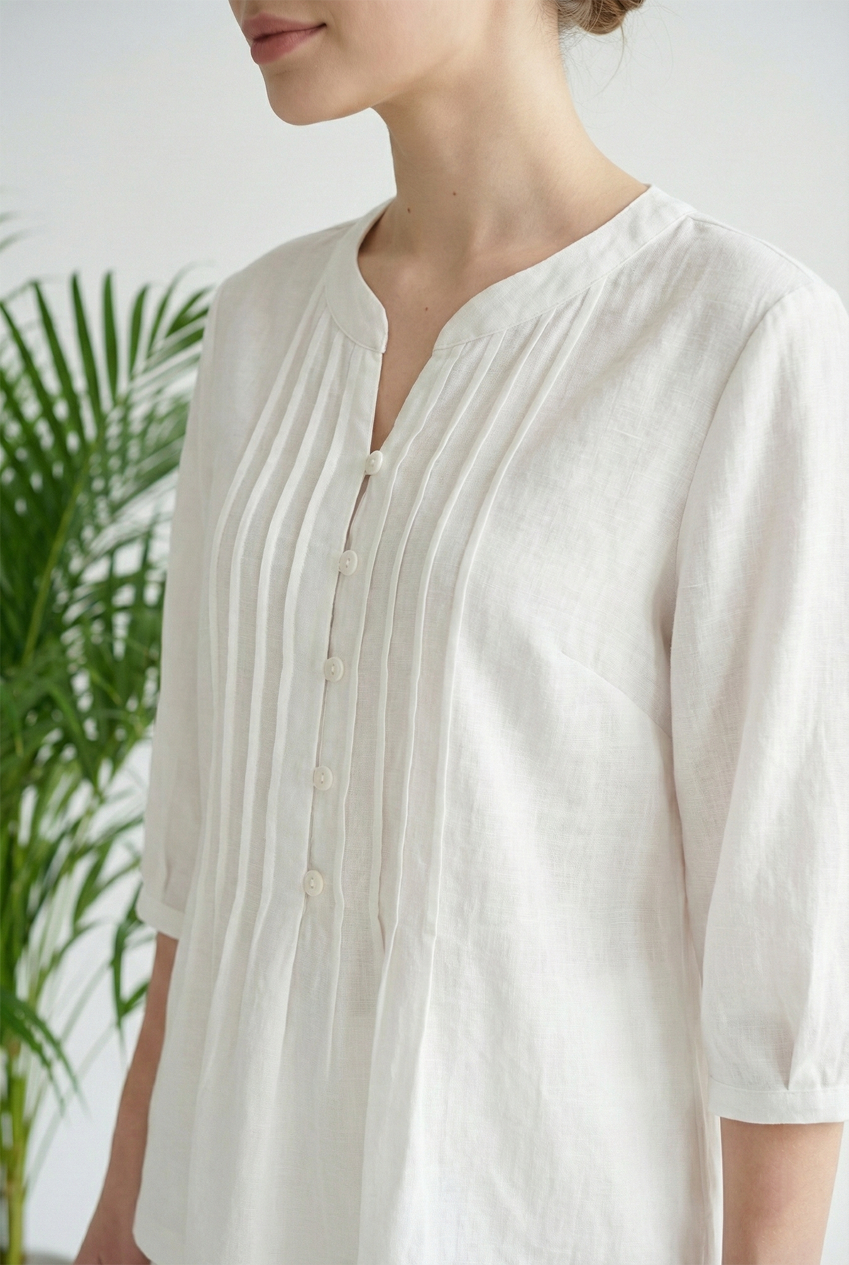 Áo sơ mi tunic vải linen trắng dáng suông cổ tàu cách điệu tay ngắn thiết kế MAZANO_thumbnail_5