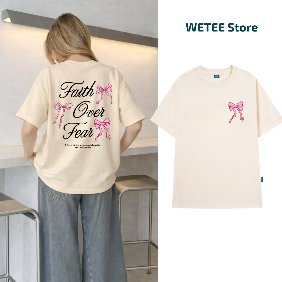 Áo thun unisex UX30-1137 Faith Over Fear in nơ hồng dáng oversized local brand WETEE