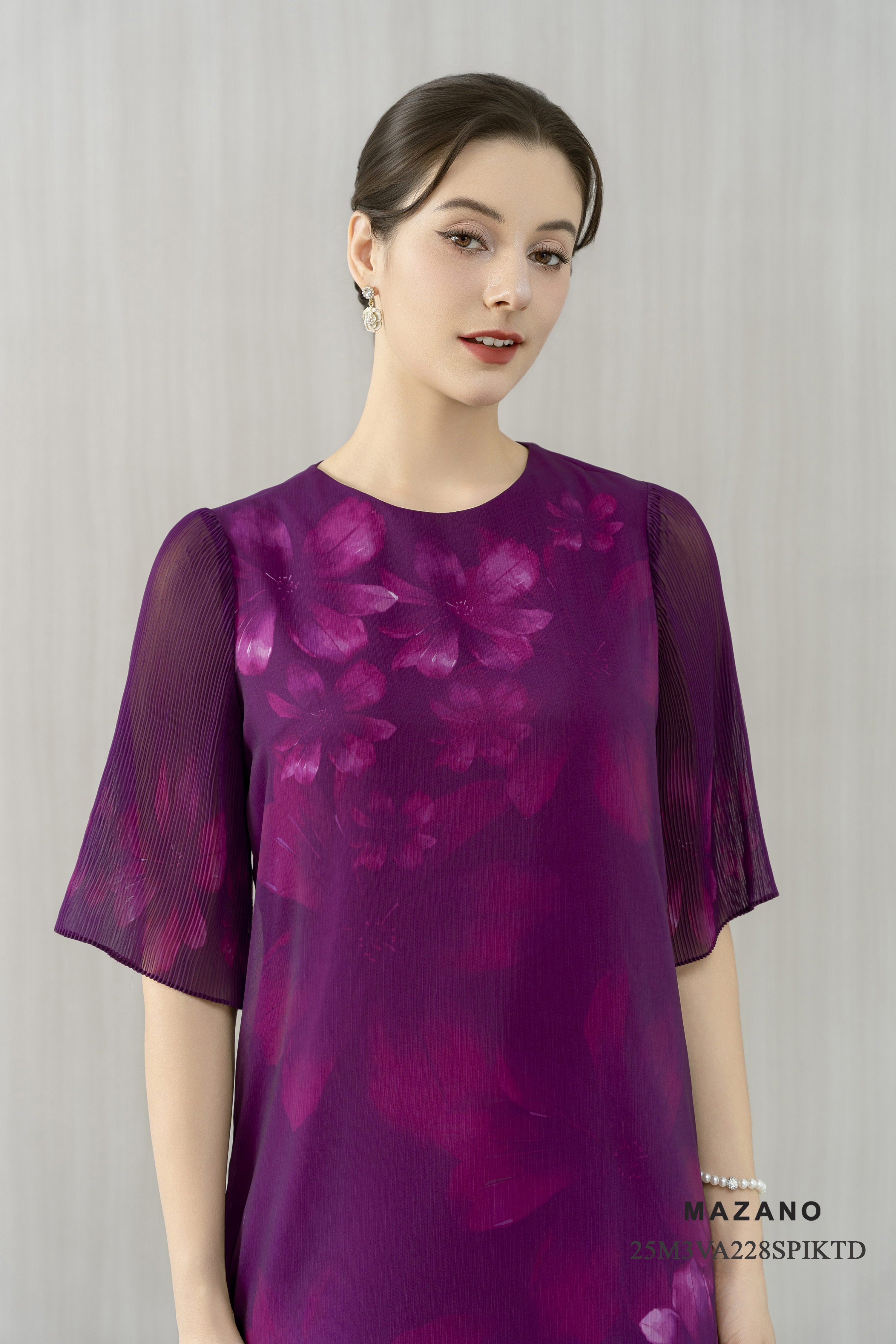 Váy Đầm suông A  Vải voan mỏng Đính trang trí Cổ tròn Tay lỡ dập ly Dài váy ngang bắp_thumbnail_3