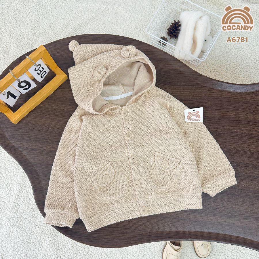 Áo khoác len BE ĐẬM 2 túi mũ tai gấu