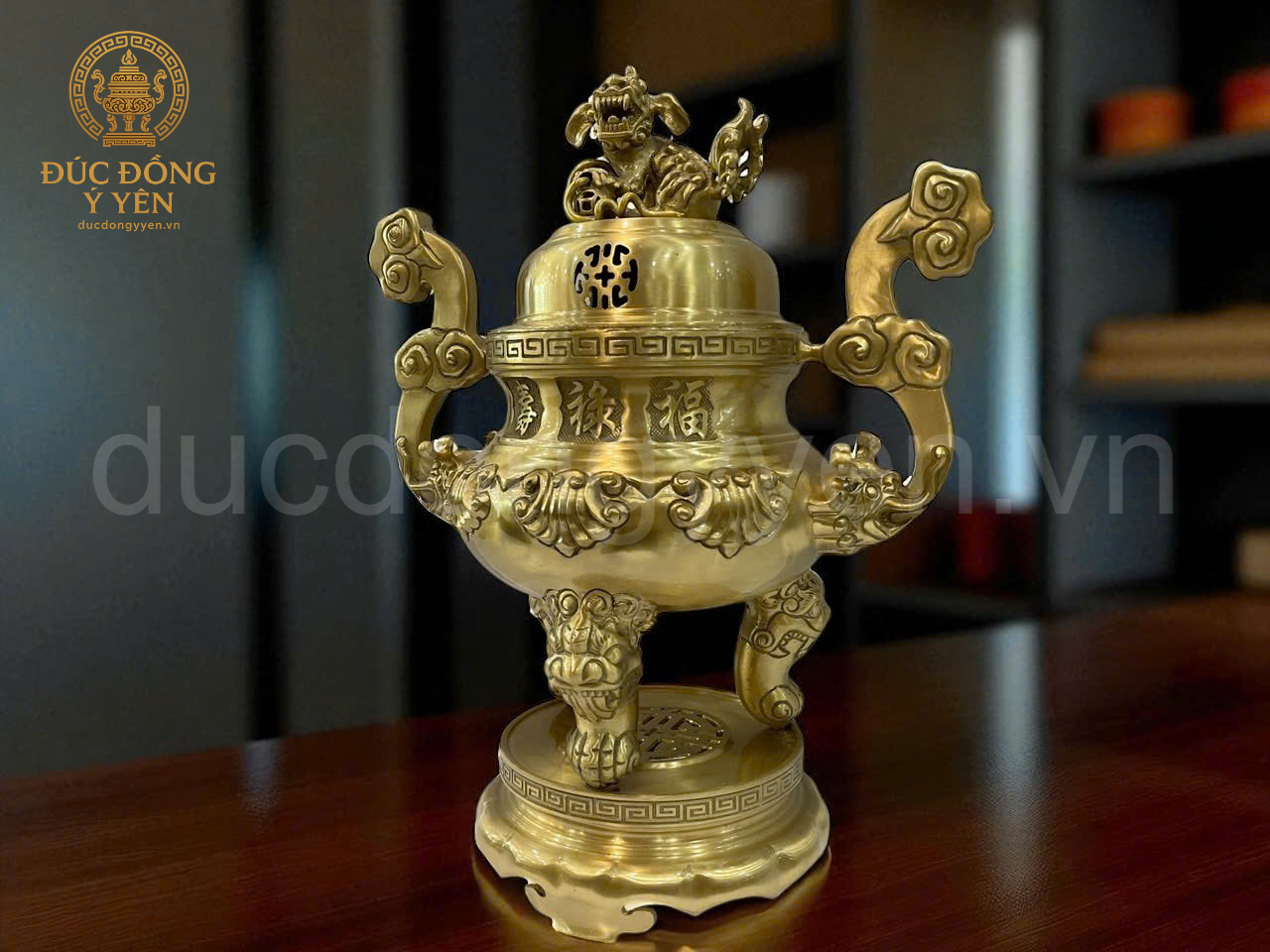 Bộ đỉnh thờ ngũ sự hoa văn sòi đúc đồng vàng thau_thumbnail_2