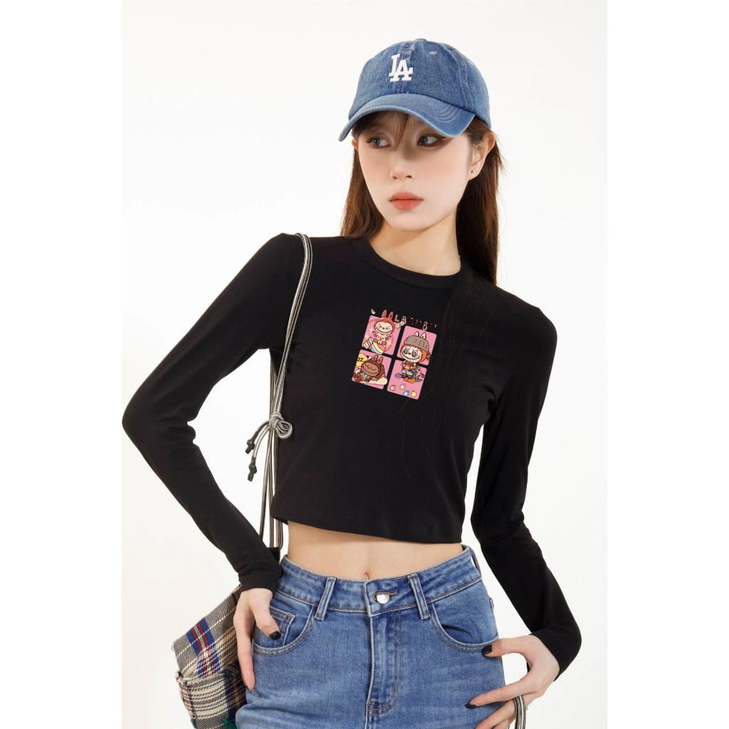 Áo croptop tay dài nữ màu đen/ trắng in hình nhiều mẫu - Áo thun dài tay Loza - G0198_thumbnail_3