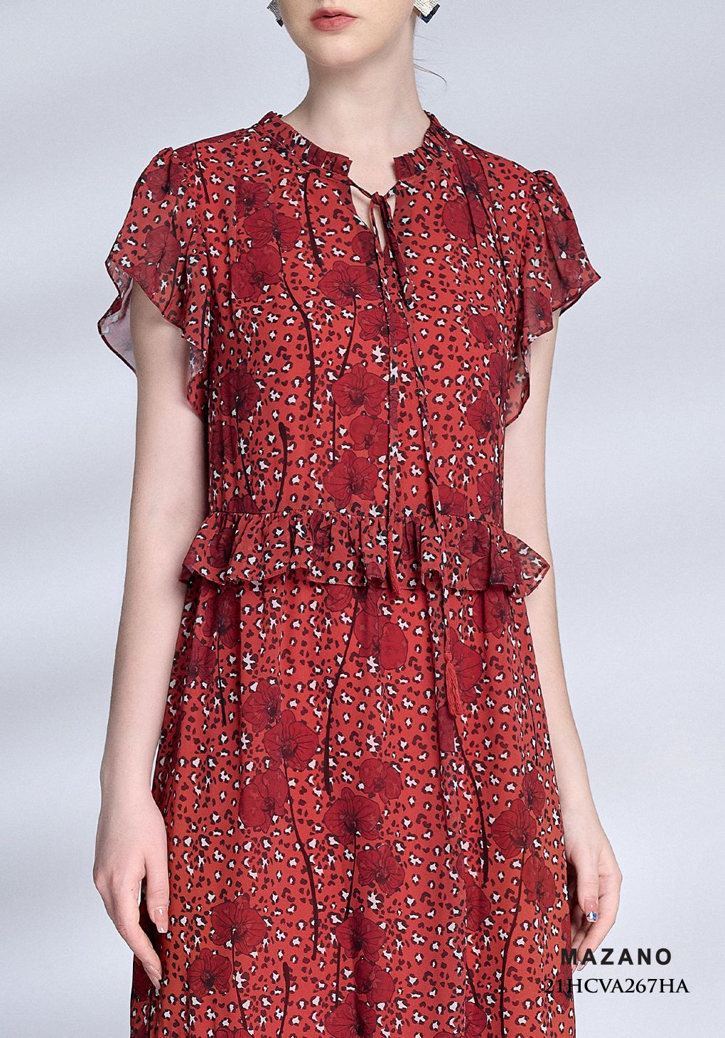 Đầm đỏ suông họa tiết phối bèo_thumbnail_4